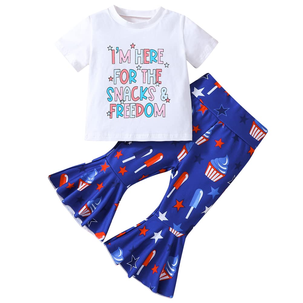 Pudcoco 4th of July Toddler Baby Little Girl Outfit Letters T-shirt and Flared Bell-Bottom Pants Independence Day Clothes Set
