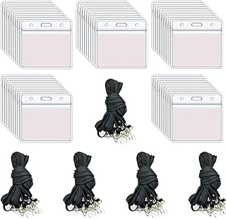 100pcs Tag Protector Holder Kit Include 50pcs Clear Plastic Horizontal Name Tags Badge Id Card Holders and 50pcs Black Flat Neck Lanyards with Swivel Hook for Teacher Lanyard Key Bus Pass