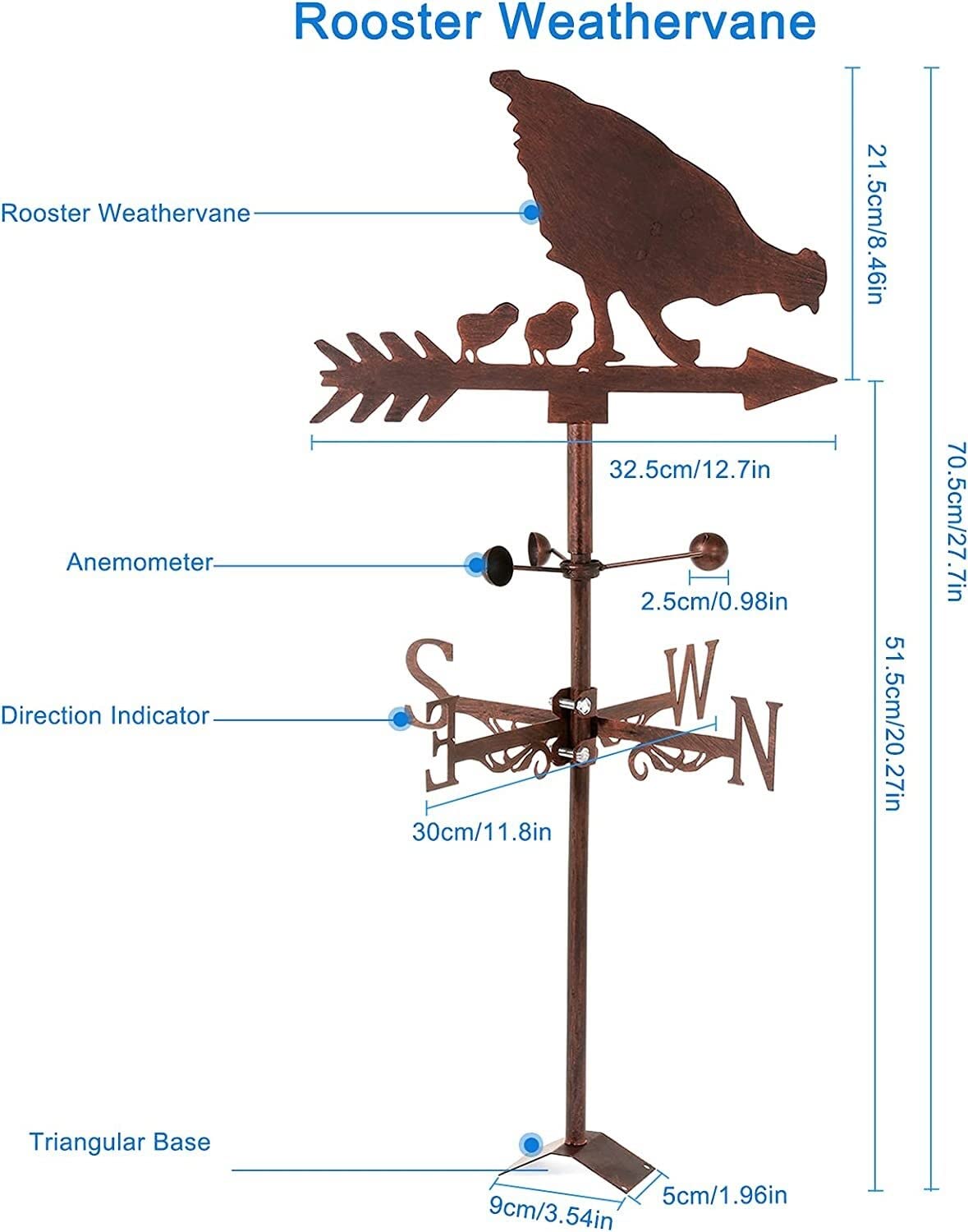 Ozdoba wiatrowskazu, wiatrowskaz Metalowy kogucik Weathervane Retro Mini z wiatromierzem do wskaźnika kierunku wiatru i pomiaru Dekoracja ogrodu z kutego żelaza na dachu (kolor: H