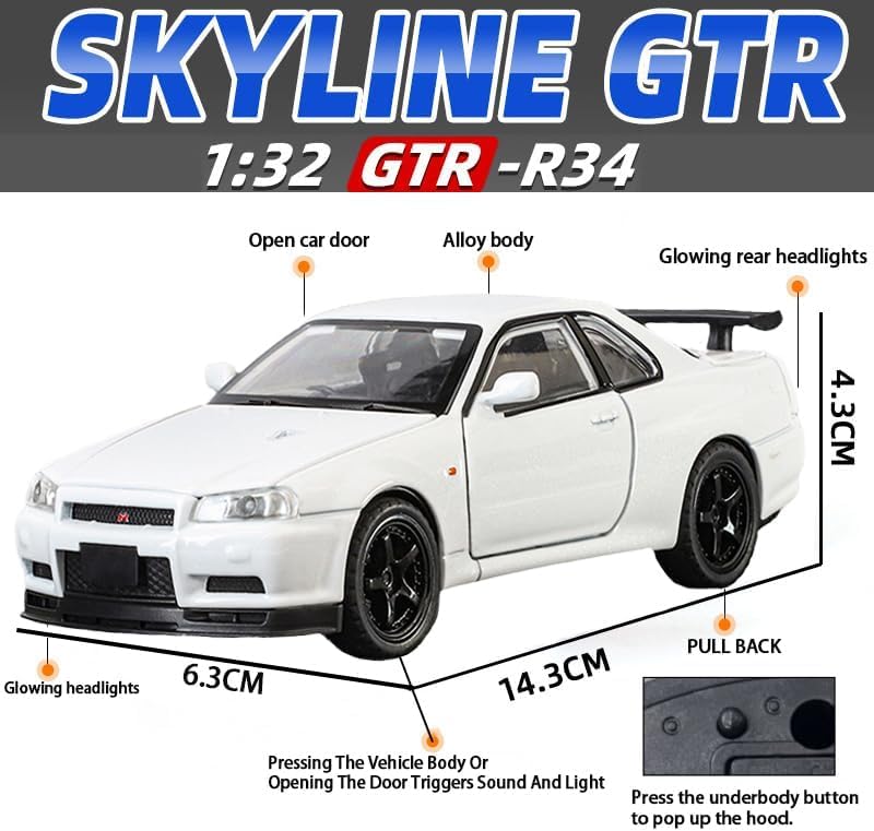 Image of PLUSPOINT Die cast Metal Skyline GTR-R34 P.Walker Edition Sports 1:32 Scale Simulation Model Alloy Metal Pull Back Toy car for Kids with Openable Doors & Light, Music Toy Vehicle for Kids, Adults