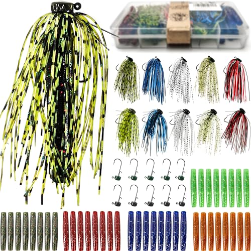 VMSIXVM Ned Rig Jig Heads Soft Plastic TRD Worms Fishing Lures Kit, 60/50/10 Pcs Weedless Skirted...