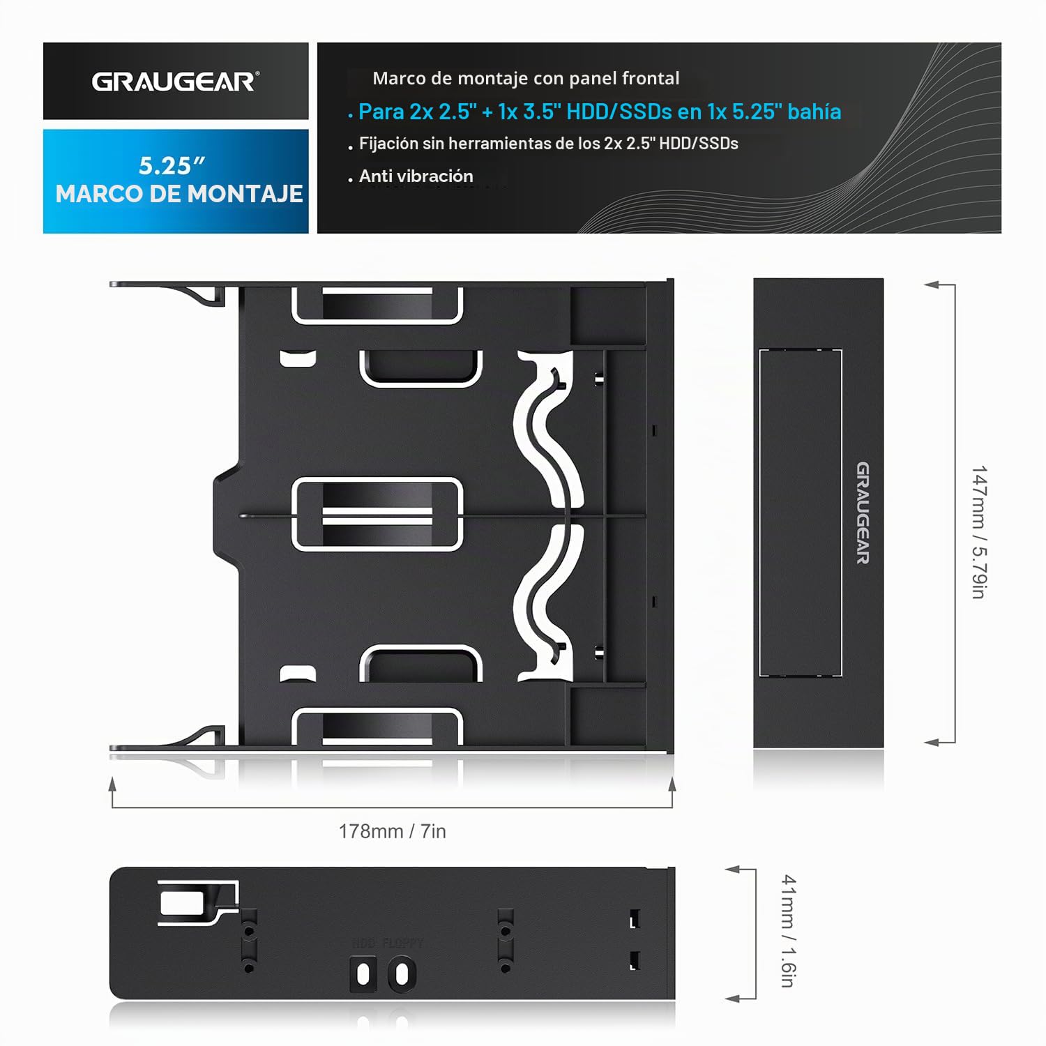 GRAUGEAR Marco de montaje para 2 unidades HDD/SSD de 2,5 pulgadas y 1 unidad de disco duro de 3,5 pulgadas en bahía de 5,25 pulgadas, panel frontal de 5,25 pulgadas, G-CV-235T525