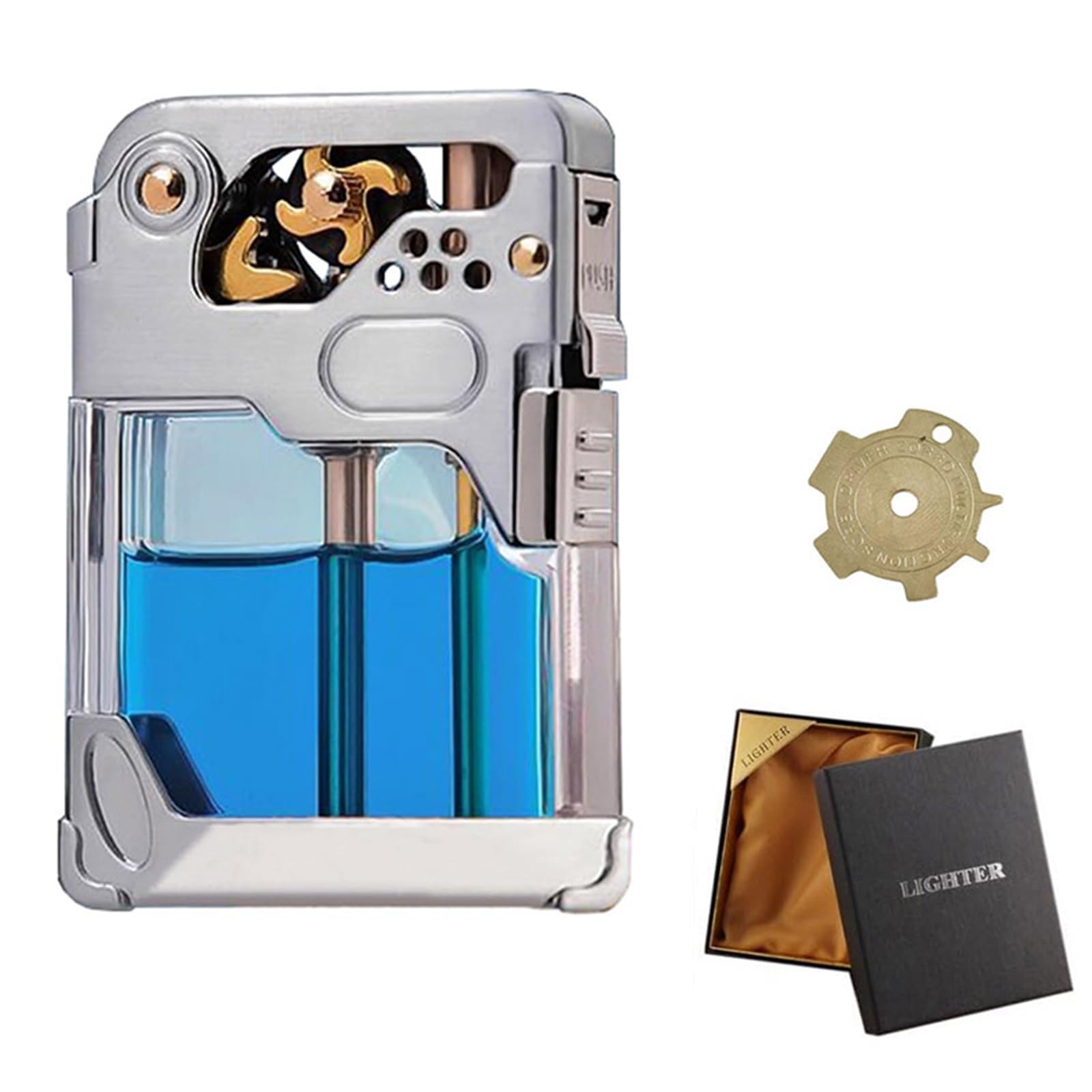 Encendedor retro de queroseno, resistente al viento, con depósito de combustible transparente y bloqueo de seguridad, ideal para coleccionar, acampar o regalo único