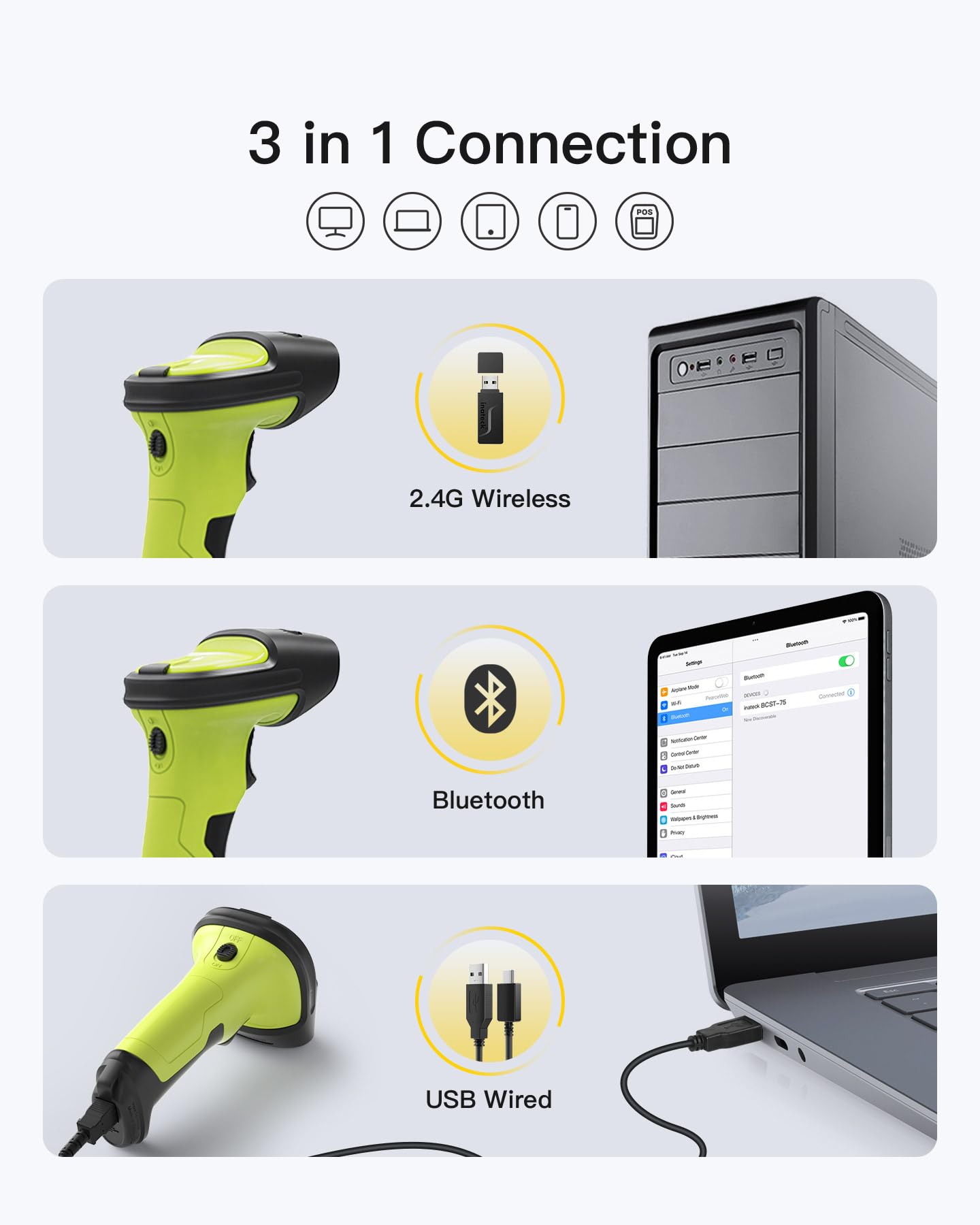 Inateck Wireless Barcode Scanner - 1D/2D QR Code Scanner With Smart Charging Base