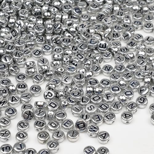 Image of 1450Pcs Silver Acrylic 4x7mm Round Letter Beads Kits Alphabet A-Z (Extra for Vowel Letter) and Number Beads for Bracelets Necklaces Jewelry Making (Silver, 4x7mm)