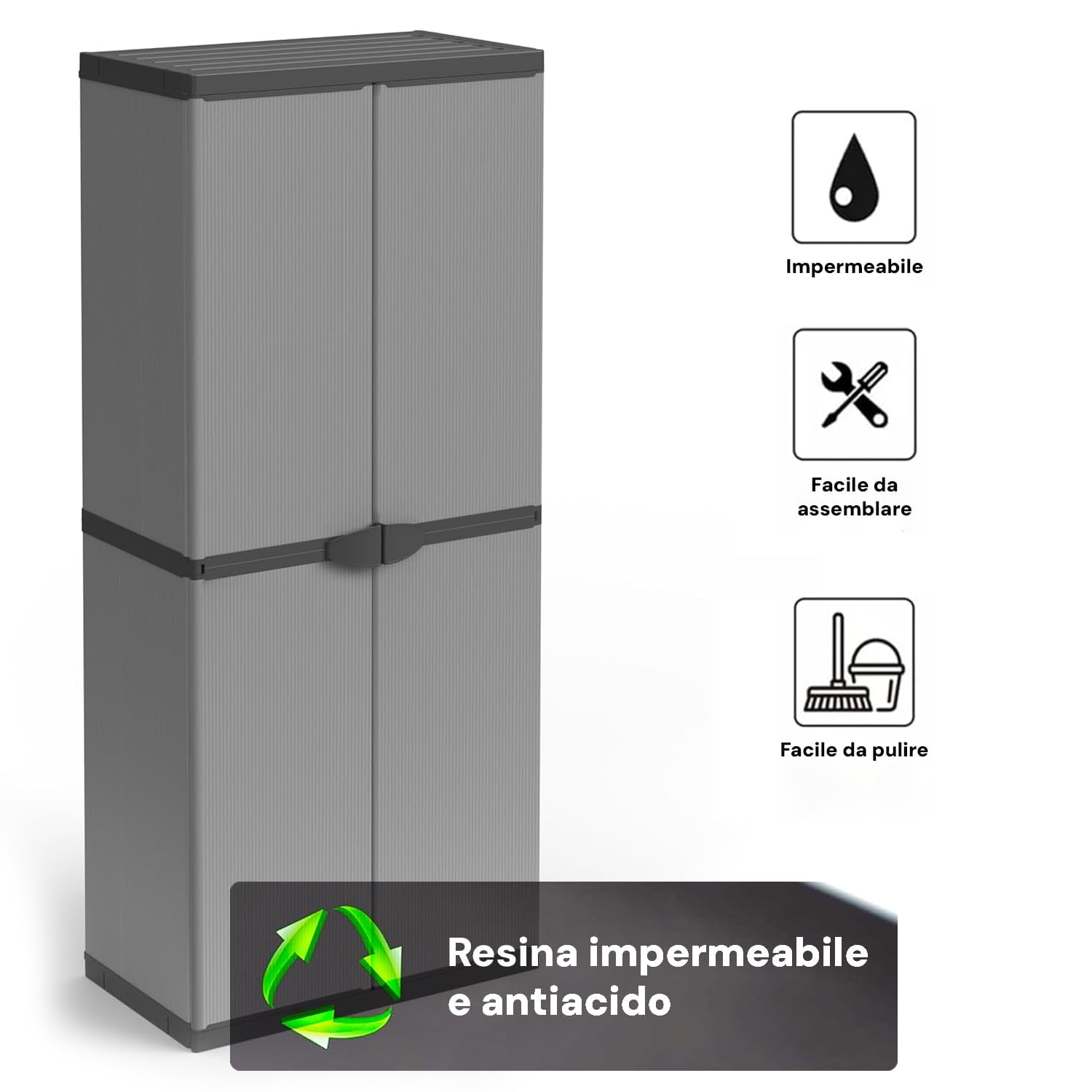 Avilia Armadio da Esterno Impermeabile - Armadio 2 Ante in PVC con 3 Ripiani Regolabili – Armadio Portascope Resistente alle Intemperie e ai Raggi UV - 68x39.5x168cm, Made in Italy