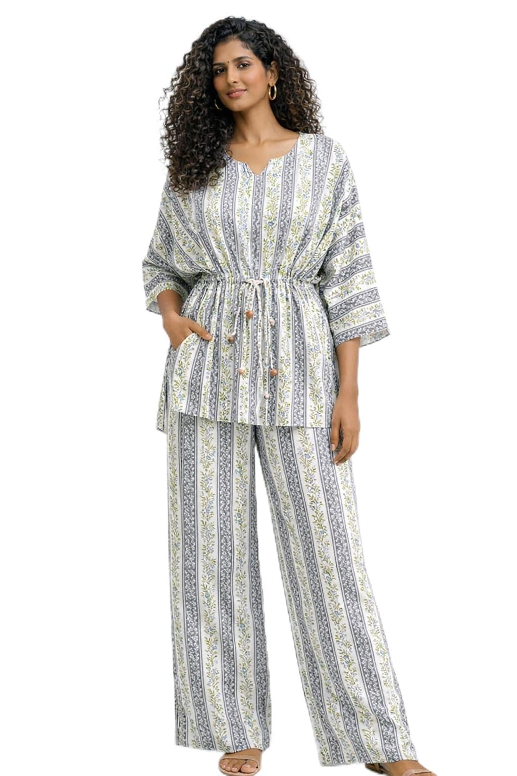 Cotton Kaftan Co-Ord Set | Floral Stripe Printed Tunic Top & Straight Pants | Adjustable Drawstring Waist | Relaxed Fit Lounge, Travel & Resort Wear Co-Ord Set FREE SIZE (L TO 3XL)-image-36