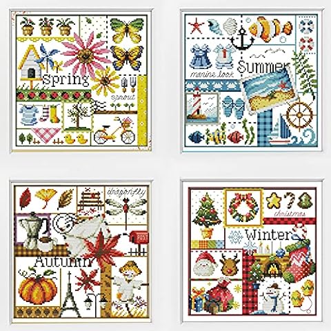 Awesocrafts 4 Pack Cross Stitch Kits, Four Seasons Easy Patterns Cross Stitching Embroidery Kit Supplies, Stamped or Counted (Four Seasons, Stamped) Cover