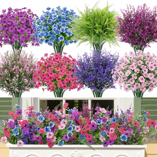Image of Bassion 20 Bundles Artificial Flowers for Outdoors Fake Flowers, Multi | UV resistant, silk fake flowers with lavender and ferns shrubs, faux plants, outdoor planters porch garden home decorations