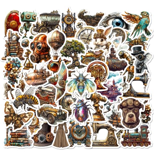 50枚クリエイティブレトロ水彩スチームパンクシリーズ防水装飾ステッカーセット人気、手帳デコおしゃれDIYキラキラヴィンテージアートデカールノート水筒スマホケーススケボー旅行バッグギターPC文具子供ごほうびシール自転車ヘルメット