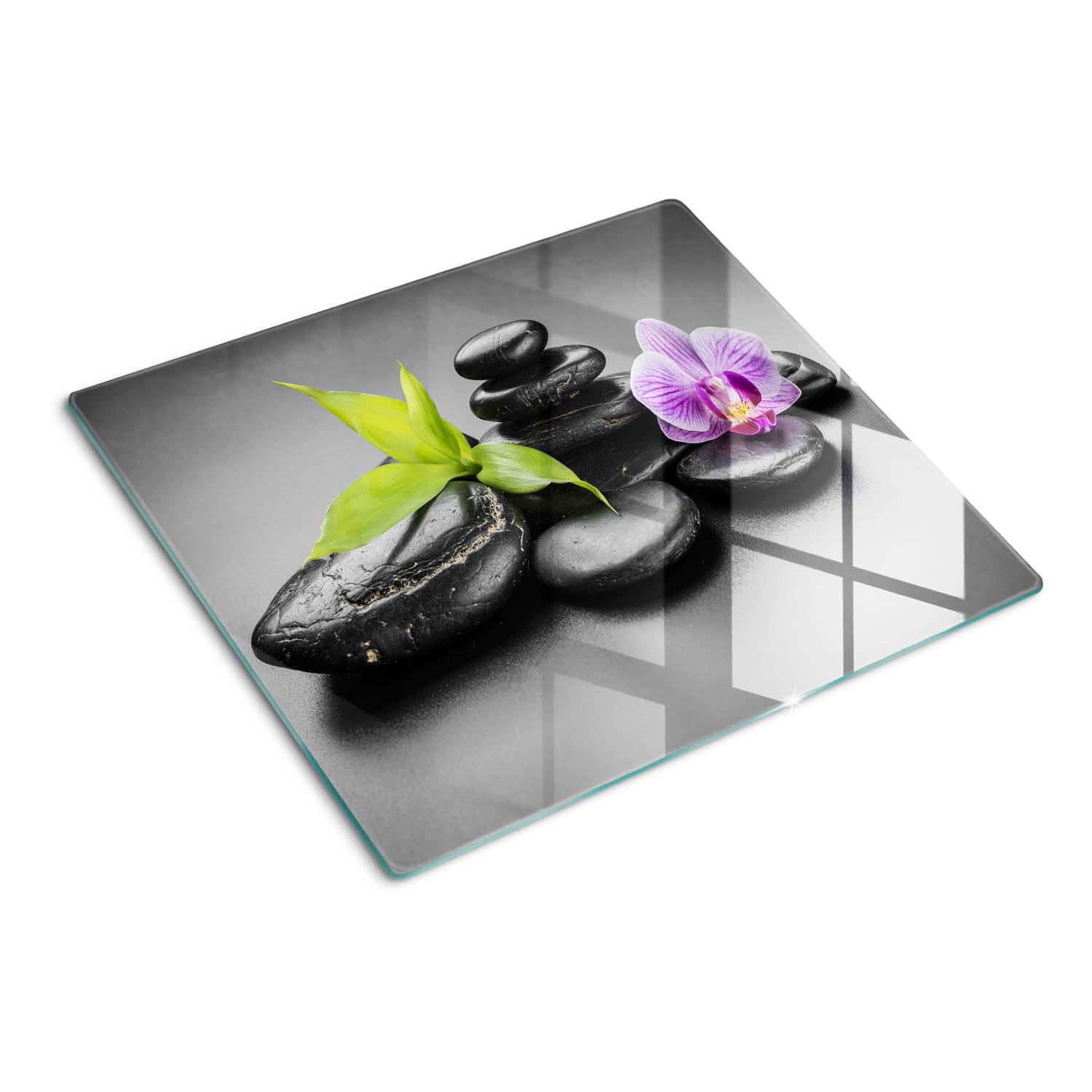 Planche à Découper en Verre Trempé 60x52 cm Pieds Antidérapants Symétrique Avec Impression Bords Polis Modernité Résistant à la Chaleur Contact Alimentaire Décoration - Pierres Zen