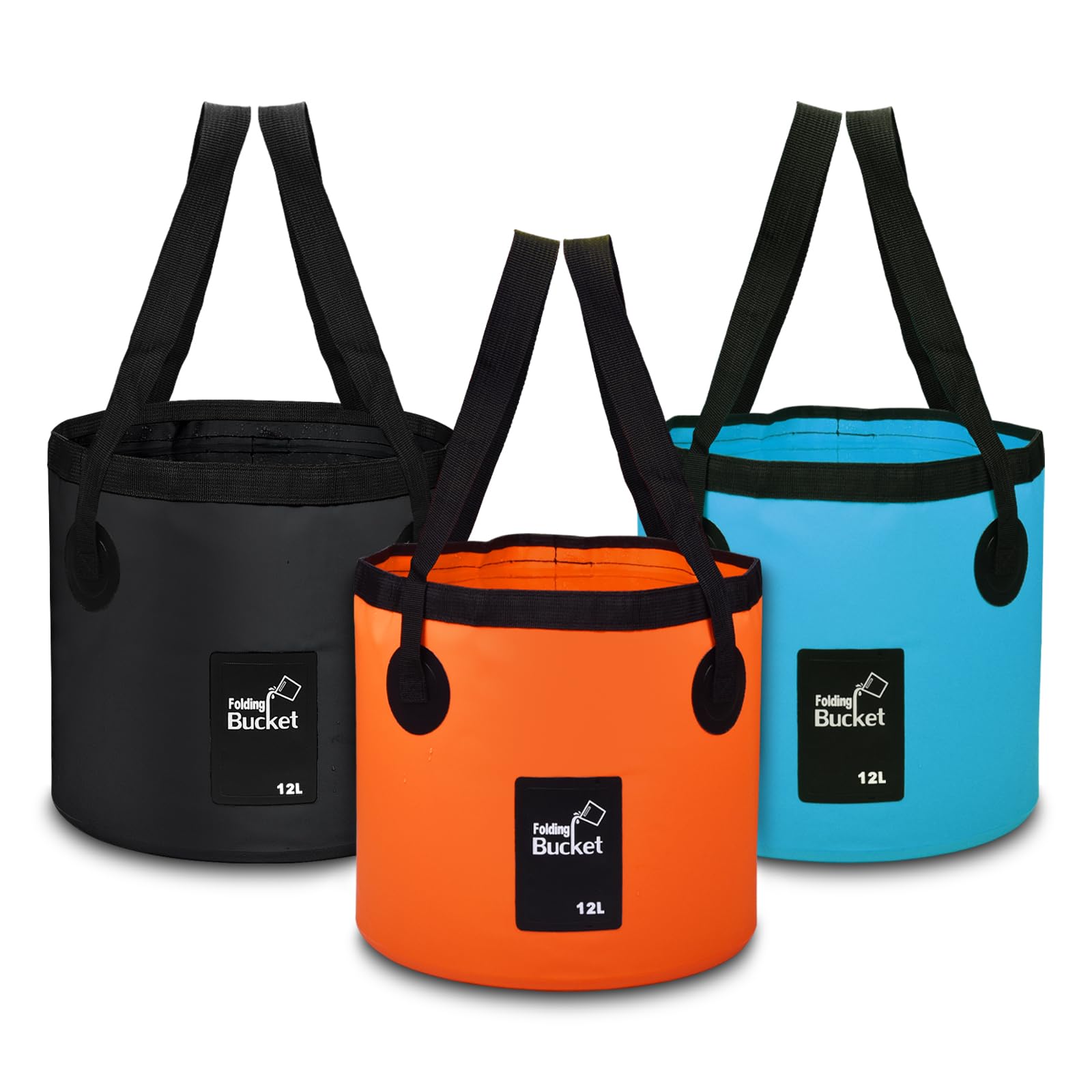 3 Pack Handy Folding Bucket 12L, Portable Foldable Bucket for Plumbing, Camping, Cleaning, Traveling, Hiking, Fishing (Orange + Black + Blue)