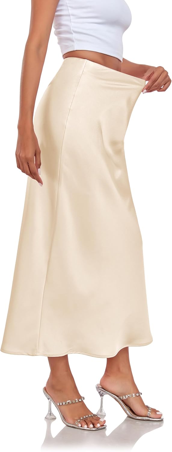 Women's Silk Satin Maxi Skirt High Waist Elastic A Line Fishtail Elegant Work Elastic Long Skirts - Image 3