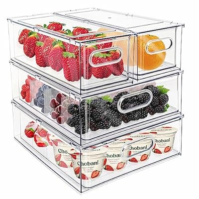 Mano Fridge Drawer Pull Out Stackable Bins with Handle Clear Refrigerator Drawers Organizer Food Storage Container Box with Dividers Plastic Produce Saver for Pantry, Cabinet, Kitchen, Clothes?4Pack?