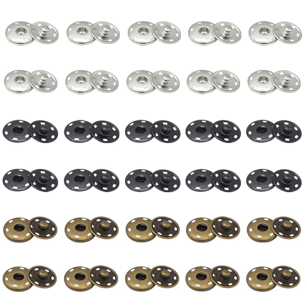 TRKETK 30 Pcs Snap Buttons Metal Press Studs Sew on Snap Fasteners Versatile Sewing Fasteners Buttons Brass Sew On Snap Fasteners for Purse Handbag Sewing Clothing DIY Craft Projects(3 Colors)