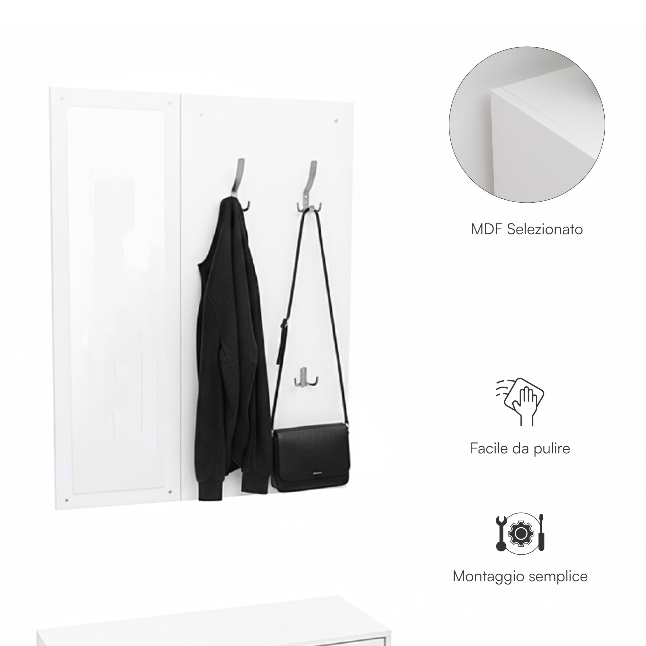 Baroni Home Mobile Bianco Ingresso 3 Pezzi con Scarpiera, Appendiabiti a Muro 4 Ganci e Specchio, Panca Porta Scarpe, Set Modulare Salvaspazio, 27x80x147cm