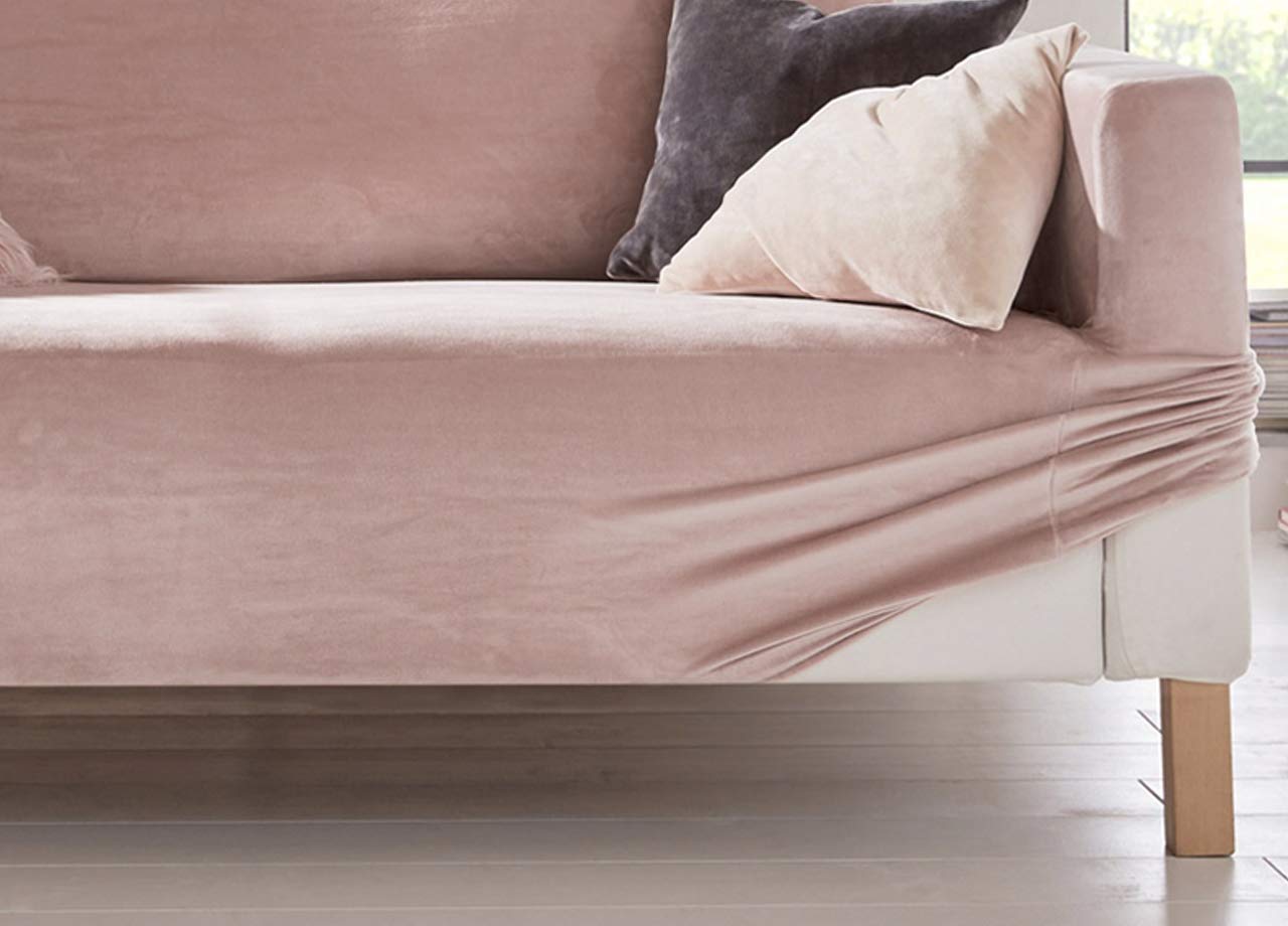 BIANCHERIAWEB Copridivano Elasticizzato Effetto Velluto Modello Morbidissimo Colore Cipria 2 Posti Cipria