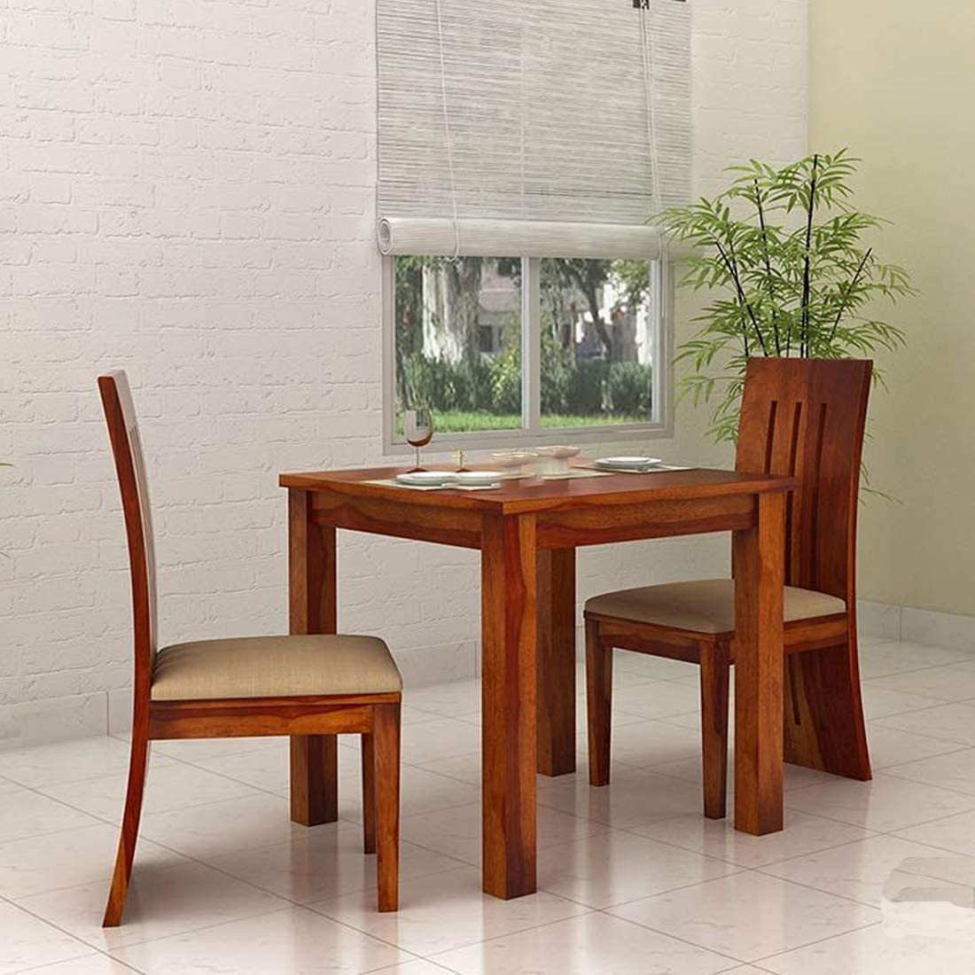Furniture Sheesham Wood 2 Seater Dining Table with 2 Cushion Chairs | Wooden Dining Table Set Furniture for Home, Hall, Living Room, Hotel and Office (Natural Finish)-image-42