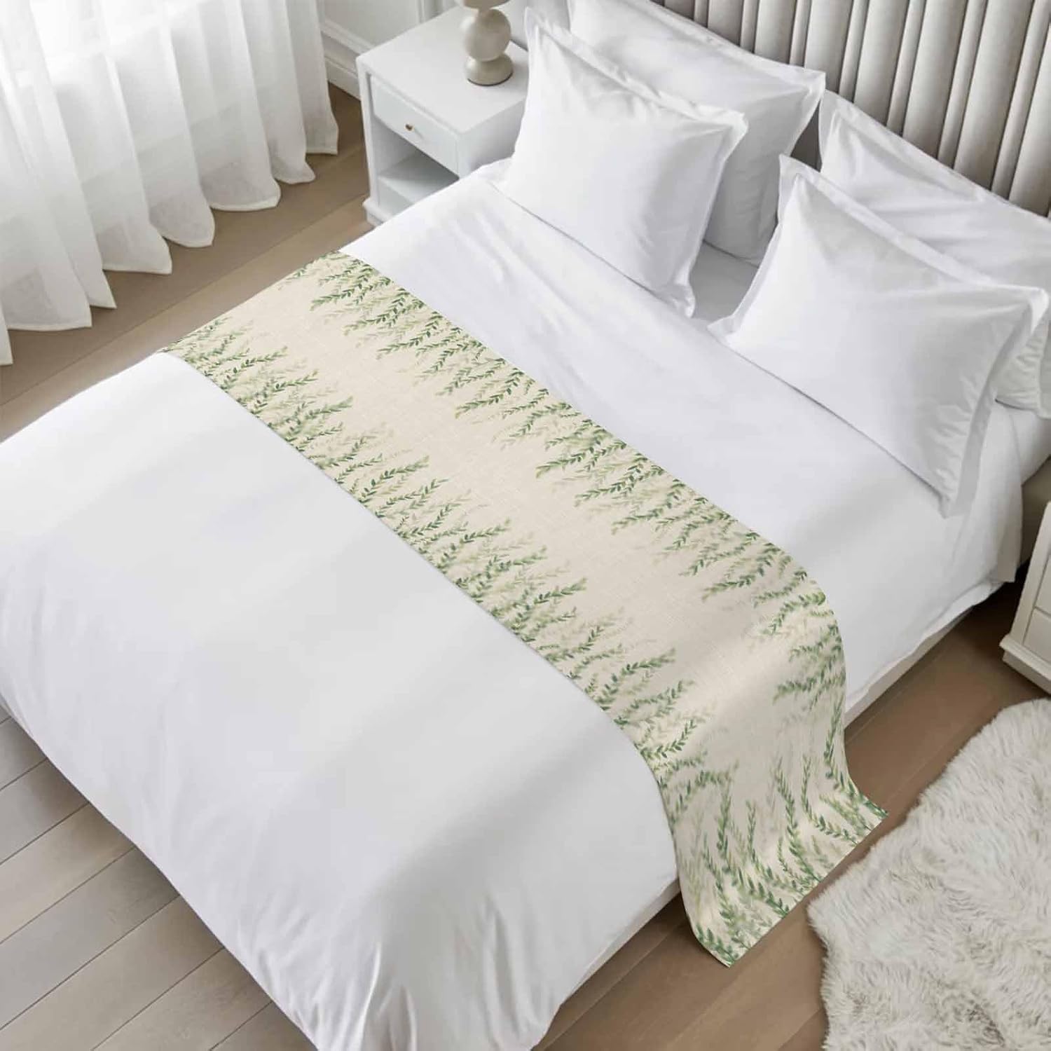 Green Eucalyptus Leaves Bed Runner Queen/Full Size, Rustic Weep Botanical Leaf Beige Bed Scarf Protector Slipcover for Bedroom Wedding Room Hotel, Bedding Runner Throws for Foot of Beds 83"x20"