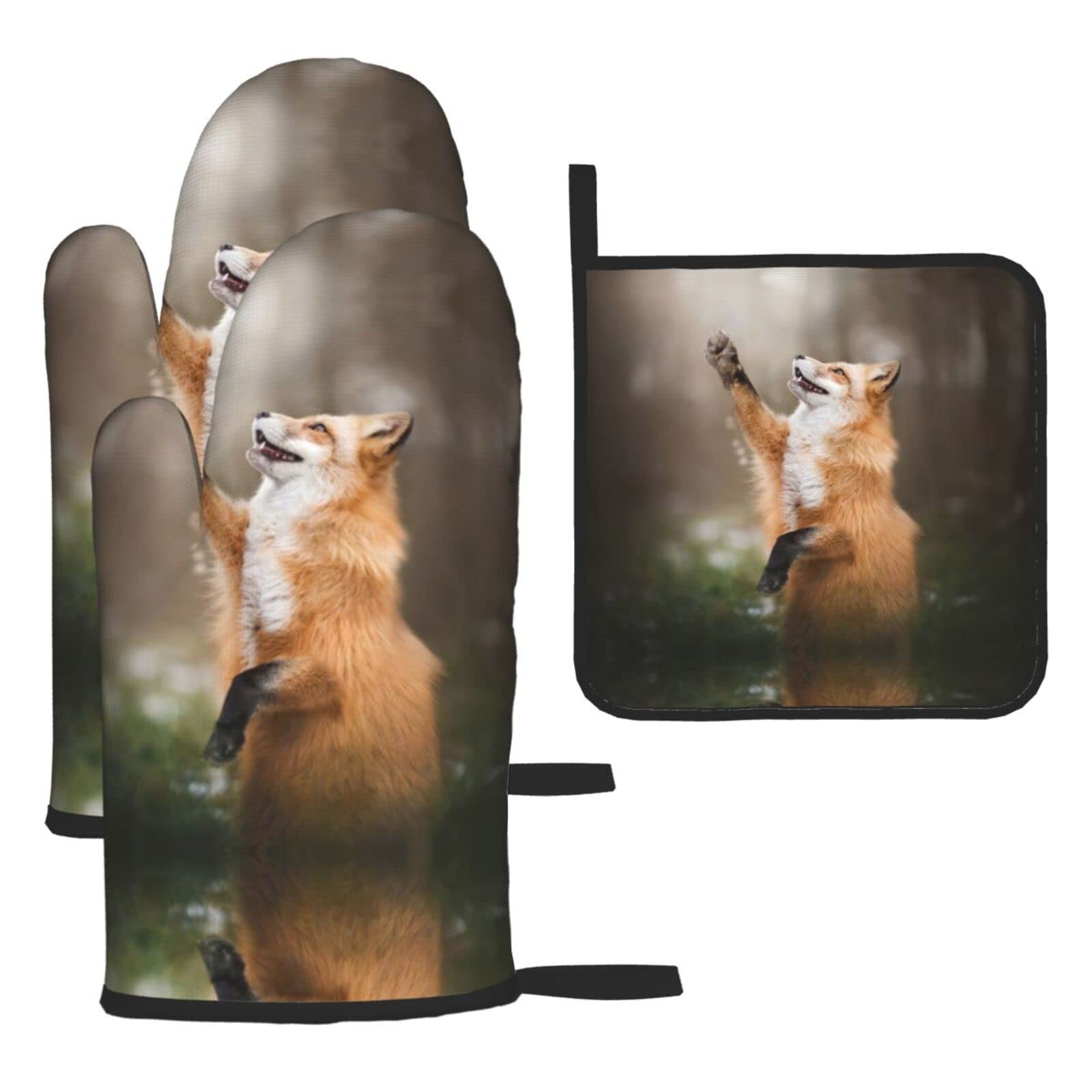 Animal Fox Pattern Oven Mitts and Pot Holder Kitchen Set for Grilling, Cooking, Baking, Heat Resistant