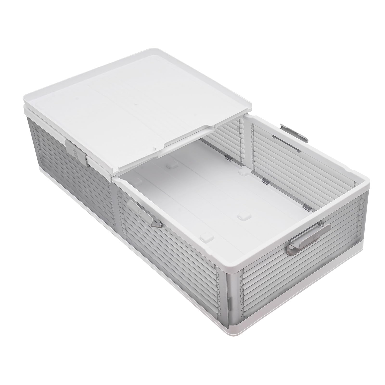 Scatola portaoggetti pieghevole con ruote e coperchio (bianco + semitrasparente) | Cassettiera in plastica PP con 6 fibbie, maniglia laterale, pieghevole, per biancheria da letto, 101 x 51,5 x 24 cm