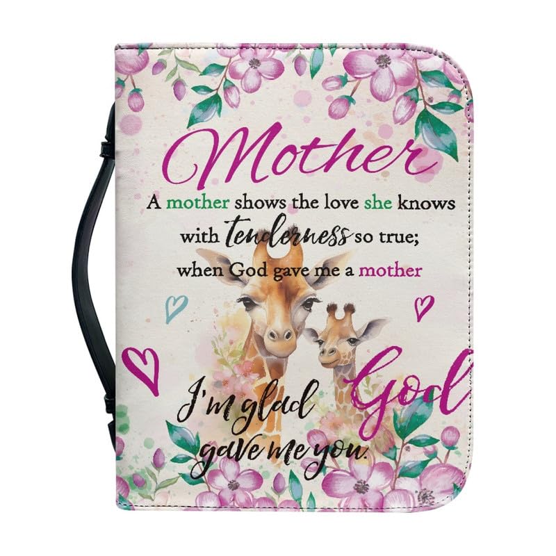 Kuiaobaty Mother's Day Book Bag for Women, Giraffe Mon Child Print Zipper PU Leather Bible Bag Cover for Novel, Inspiring Saying Notebook Bag