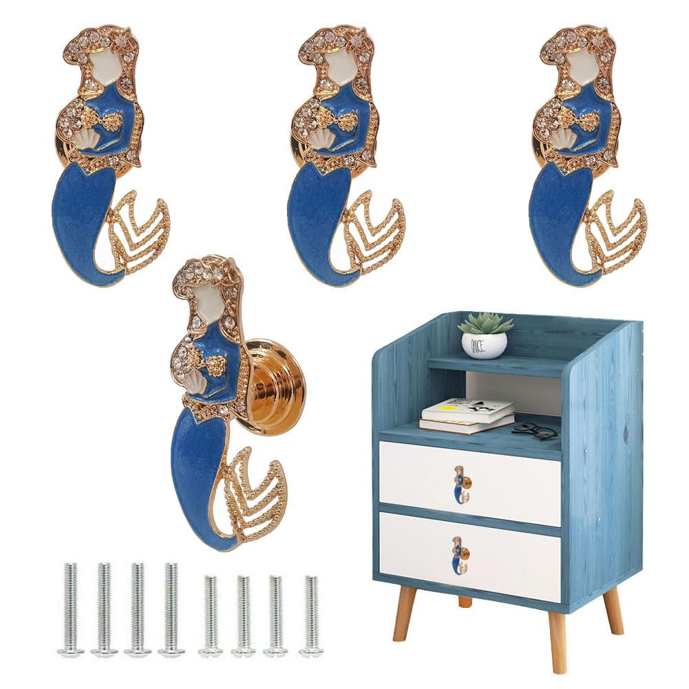 Unique Mermaid Knobs - Nautical Blue Drawer Pulls for Decorative Ocean Beach Coastal Theme Dresser Cabinet Closet Kitchen Furniture Door Knob Pull Handles Decor 4PCS (Blue)