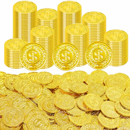 Nuesaurd 200Pcs Gold Coins Plastic Gold Coins Bulk 1.4 Inch Fake Coins for Rewards Tokens Pirate Coin for Party Decorations Reasure Hunt Games Adventure Theme Party Supplies