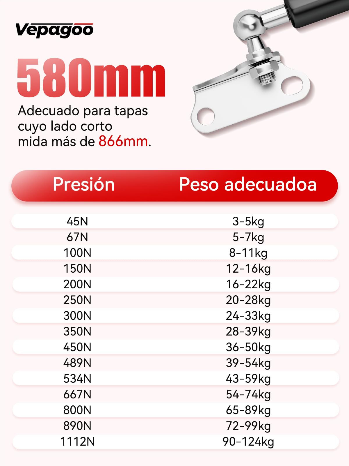 Veapgoo uniwersalna sprężyna gazowa 580 mm, 300 N, 30 kg, do przyczepy kempingowej, łóżka, pokrywy drzwi, drzwi, szopy, okien i innych niestandardowych projektów Heavy Duty, zestaw 2 szt
