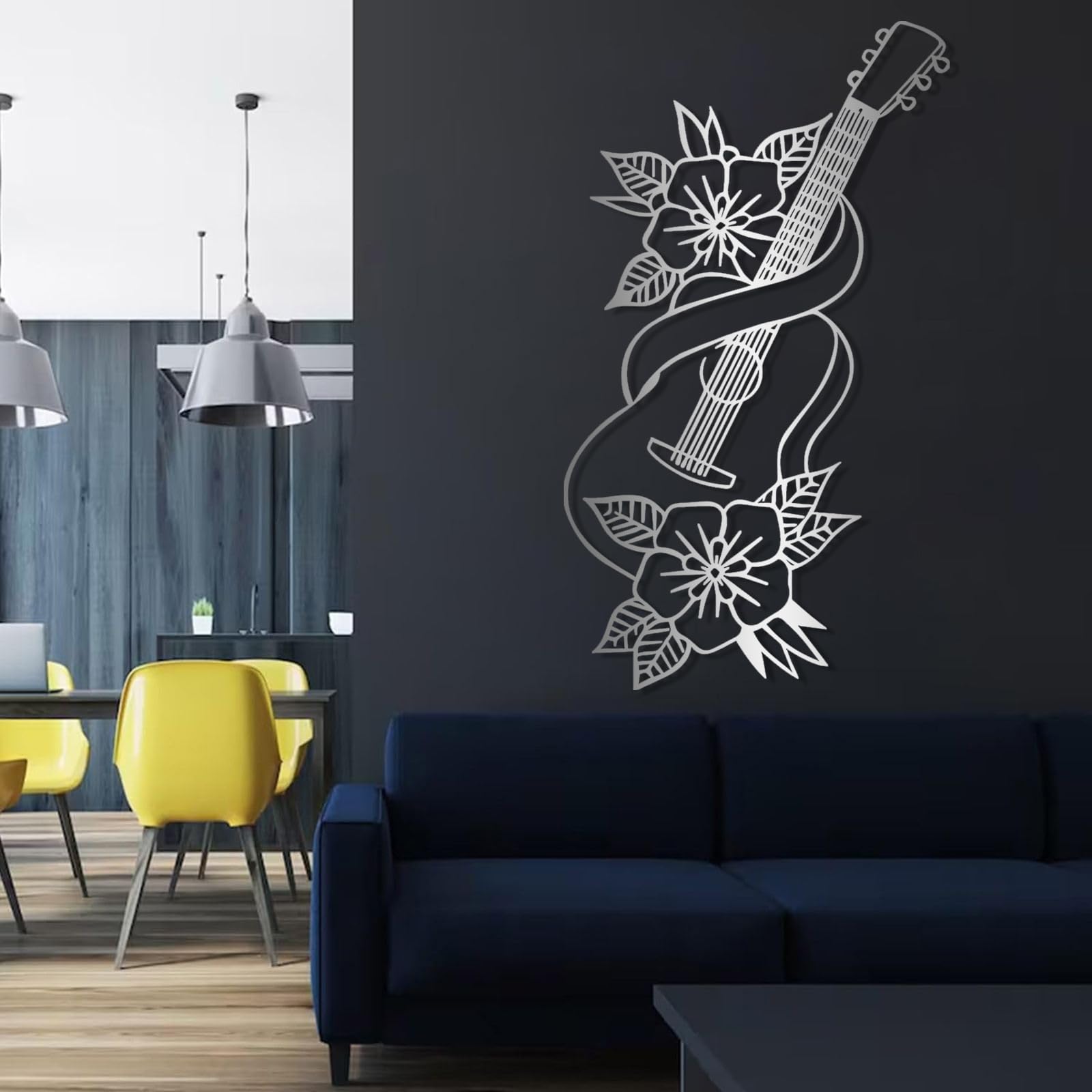 Współczesna abstrakcyjna metalowa dekoracja ścienna sztuka gitarowa, minimalistyczne kwiatowe powieszenia, dekoracja liniowa, prezenty dla miłośników muzyki, dom (35 x 60 cm, złoty)
