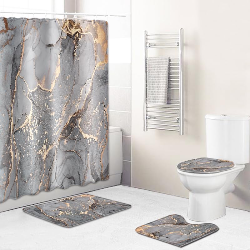 Badgarnitur 3 Teilig Badezimmerteppich Waschbar Badematte rutschfest,Wc Vorleger Mit Ausschnitt Und Badematte, Badvorleger Toilette Teppich 45X75Cm Braun Grau