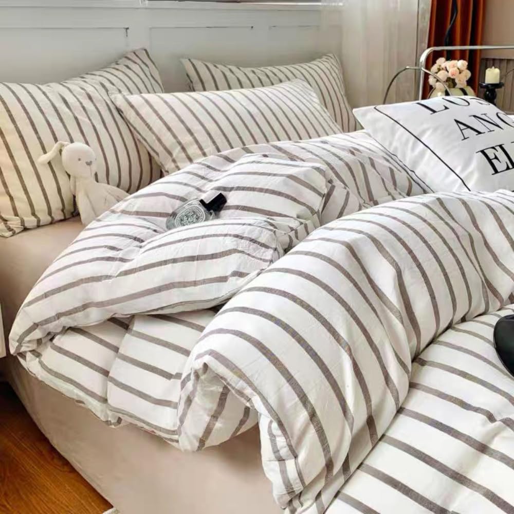 Michorinee King Size Duvet Cover Set Grey Stripe Pattern White Bedding Set