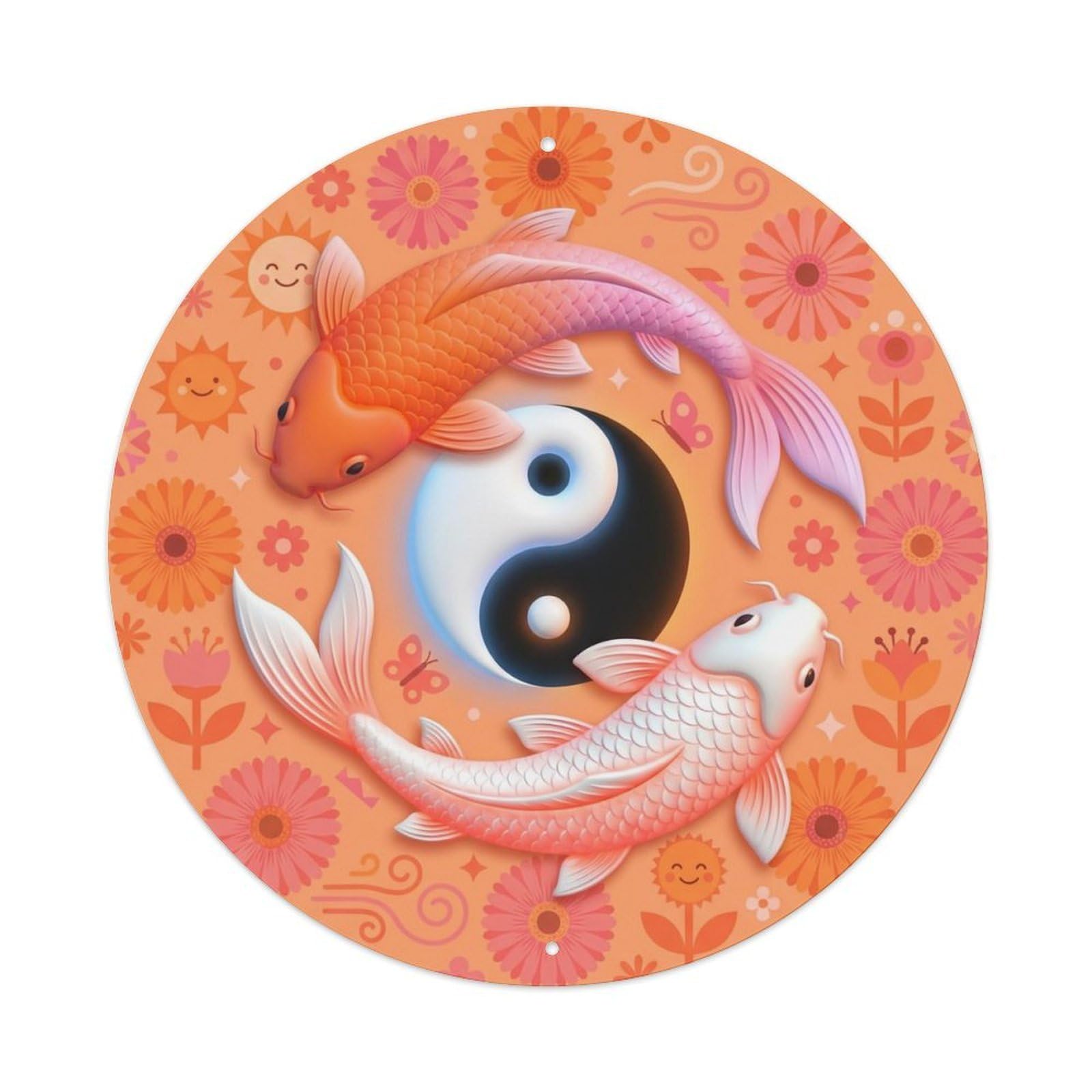 TaiChi Koi Fish Gerbera Orange Pink Flower Summer Cheerful Metal Tin Sign