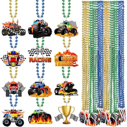Halloscume 36 Pcs Monster Truck Felt Beaded Necklaces Bulk 12 Types Monster Car Birthday Party Decorations for Truck Theme Race Car Birthday Party Favor Goodie Bag Stuffers Gifts