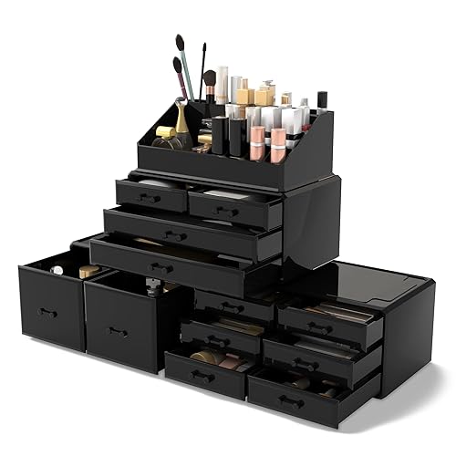 Readaeer Makeup Cosmetic Organizer Storage Drawers Display Boxes Case with 12 Drawers (Black) - 9.4 x 5.4 x 15.9 inches - Black