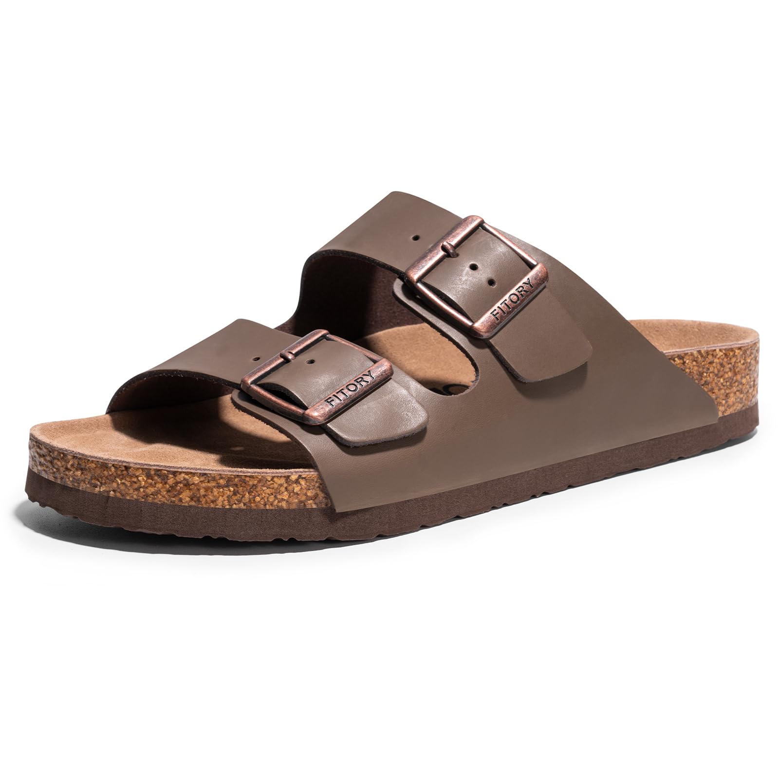 FITORY Mens Leather Sandals with Arch Support, Open Toe Slides Adjustable Buckles for Summer Size 7-13