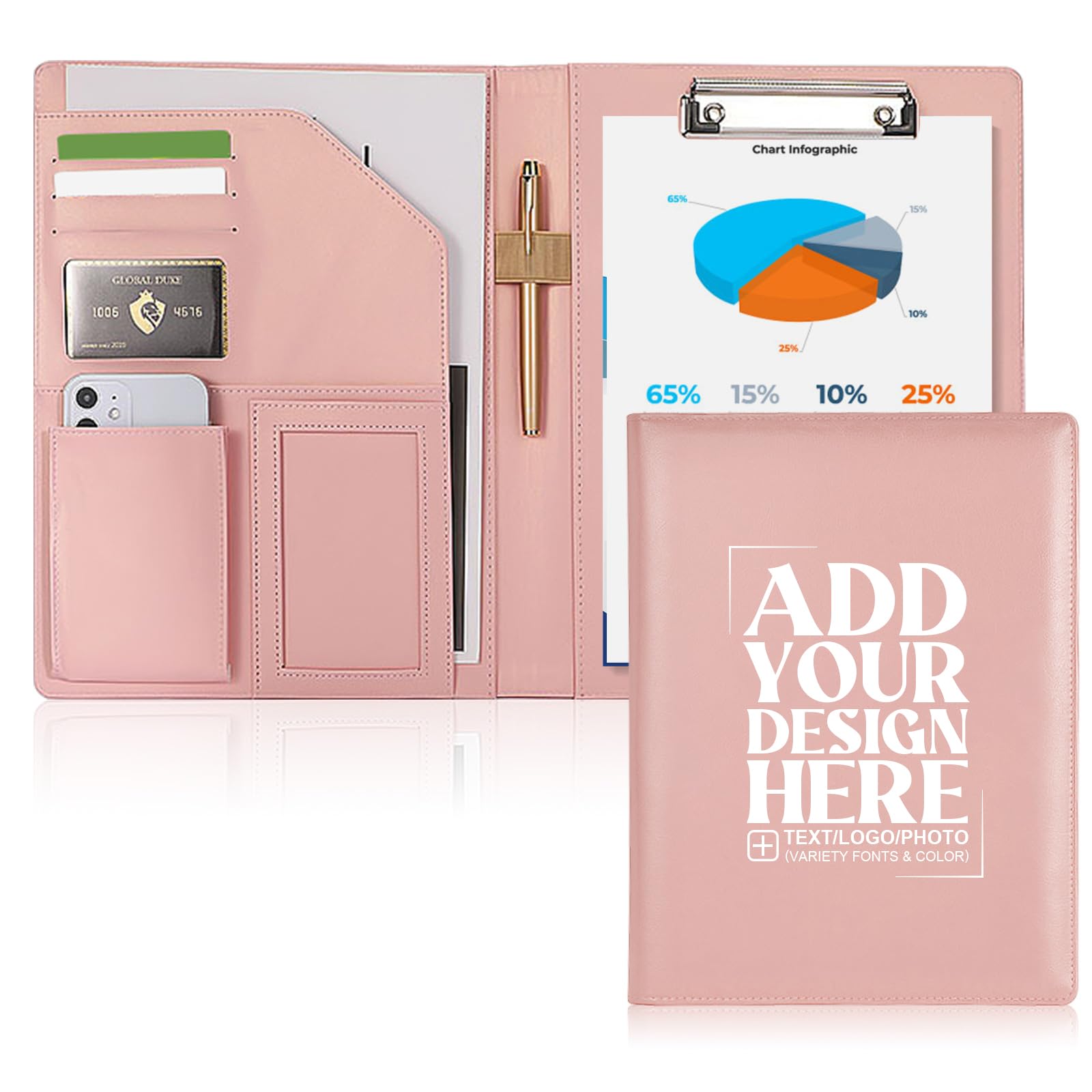 Personalised Portfolio Folder A4 Customised Leather Padfolio with Logo or Text Professional Business Conference Folder with A4/US Letter Writing Pad Holder for Resumes and Interviews, Pink