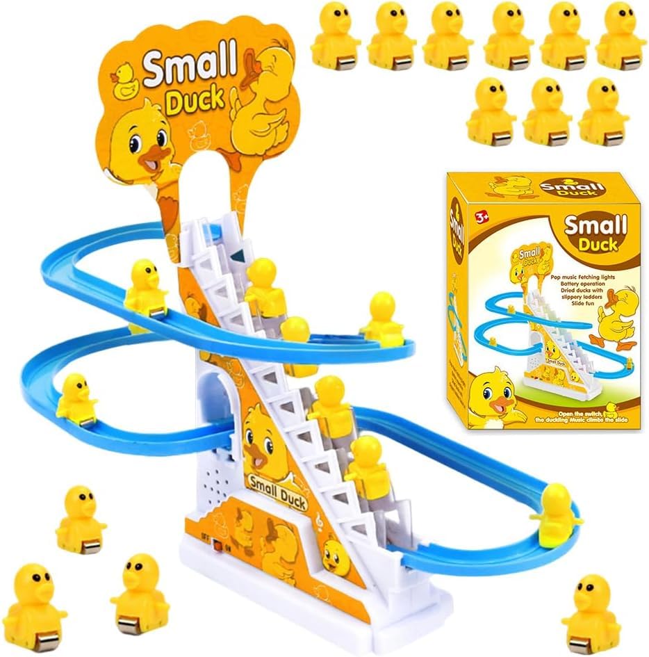 9 Stück Elektrische Ente Treppensteigen Spielzeug, Achterbahn Musik Ente Set mit LED Blinklichtern, Montessori Baby Spielzeug, Elektrische Badewannenspielzeug, Geburtstag Geschenk(Farbiges Kasten)