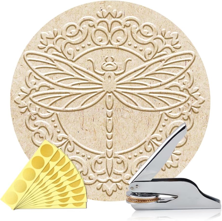 ANATTASOUL Book Embosser Personalized Dragonfly Pattern Book Stamp, Durable Library Stamp with Handle Set for Books, Library, Envelopes, Documents, Invitation（100Pcs Stickers