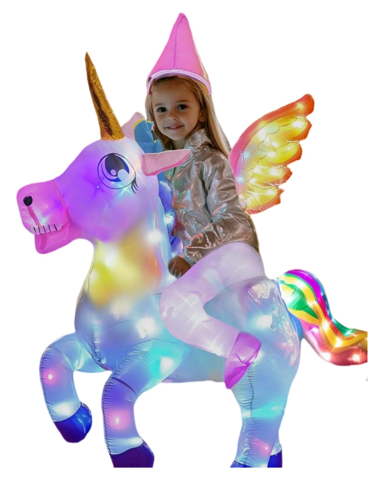 Kids inflatable unicorn ride-on Halloween costume with LED lights size small for ages 3 to 5