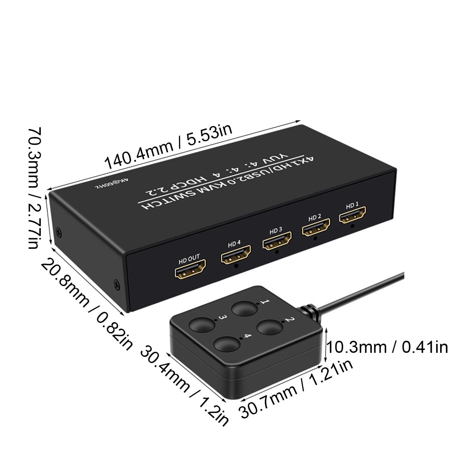 Sxhlseller Przełącznik KVM 4K 60 Hz HDMI do 4 Komputerów, 2 Tryby Przełączania, Adaptacyjny EDID, 4 Porty i Kable USB Typu C, Udostępnianie Jednego Monitora, Klawiatury i Myszy, Drukarki