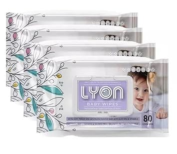 Lyon baby wet wipes with lid enriched with aloe vera and vit e (80 wipes per pack) Pack of 4 - image, photos