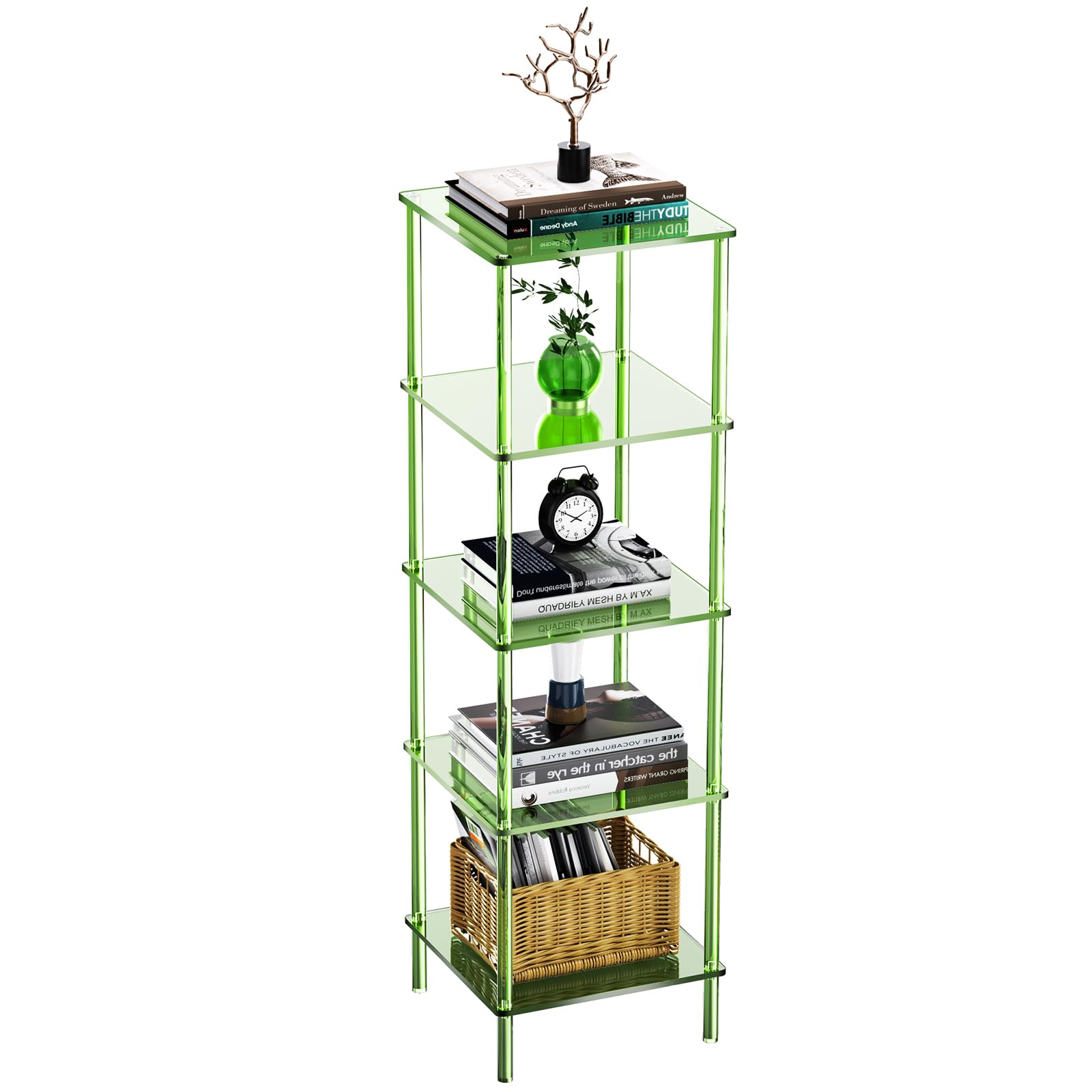 solaround Acrylic Bookshelf, Small Bookcase, Standing Freestanding Corner Storage Shelves Display Shelf for Living Room, Bedroom (Green, 5 Tier)