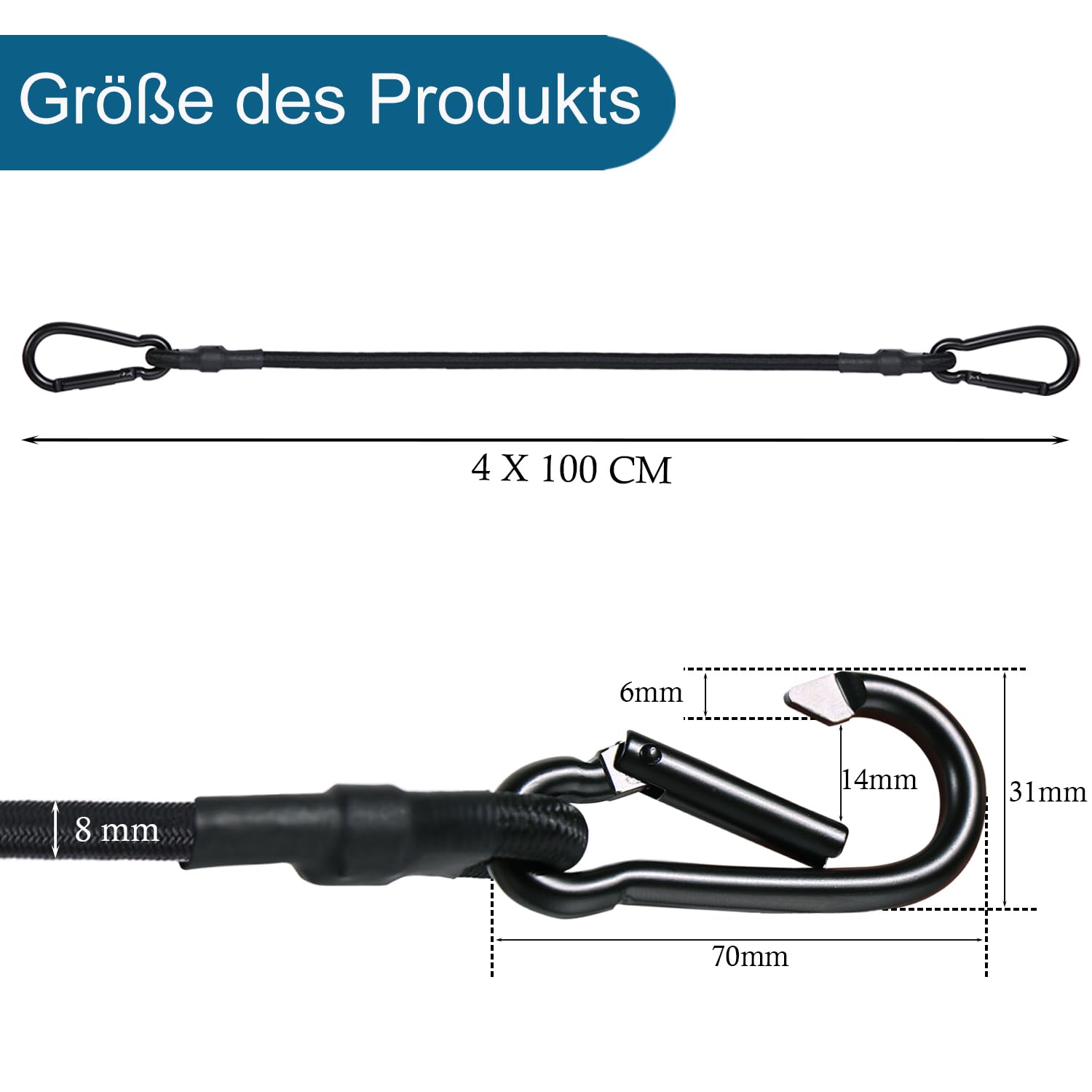 JunGG Bungee Cords with Carabiner Clips, 4 Pack 40 Inch Extra Strong Elastic Straps with Hooks - Image 2