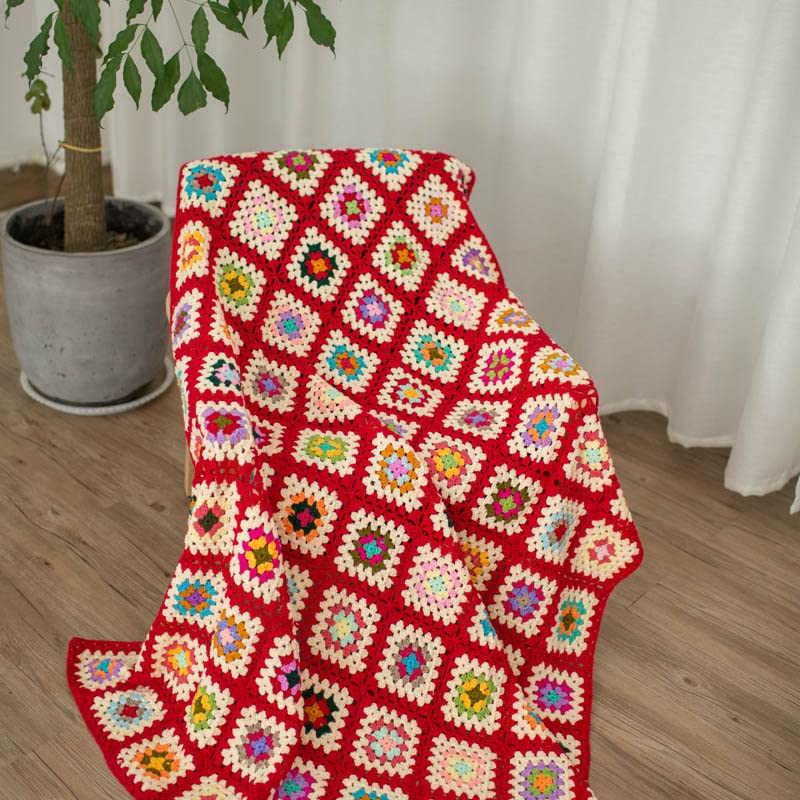 RISEON Handmade Granny Square Crochet Throw Blanket Sweater Style Mat, Crochet Quilt, Multicolor Boho Travel Accent Decor Throw for Sofa Comforter