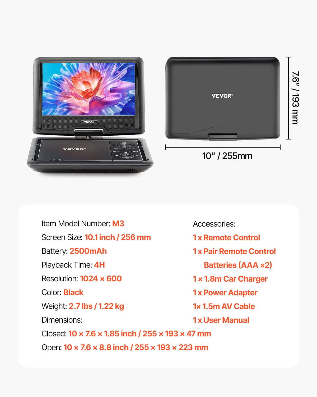 VEVOR tragbarer DVD-Player mit drehbarem HD-Bildschirm (256 mm), eingebauter Akku mit 4 Std. Laufzeit, 2 Lautsprecher, unterstützt Synchronisierung von TV/USB/SD-Karte/CD/DVD, Autoladegerät schwarz