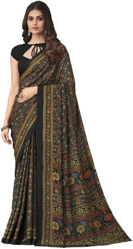 SIRIL Women's Floral Printed Silk Crepe Saree with Unstitched Blouse Piece