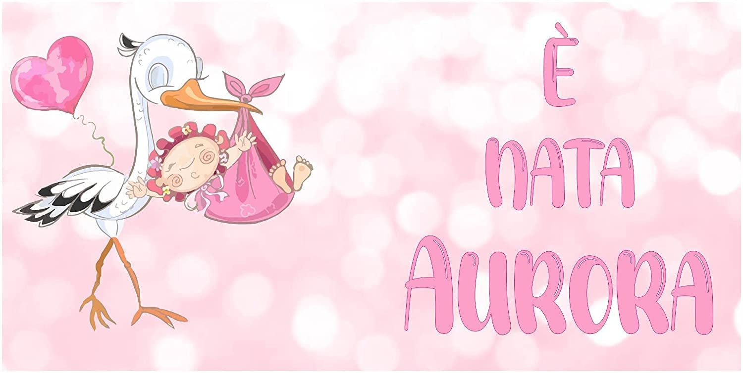 STRISCIONE FONDALE NASCITA CON NOME PERSONALIZZATO - CICOGNA ROSA CON CUORE - IN CARTA O IN BANNER PVC ANCHE DA ESTERNO GARANZIA 5 ANNI (150X100 CM, IN BANNER)