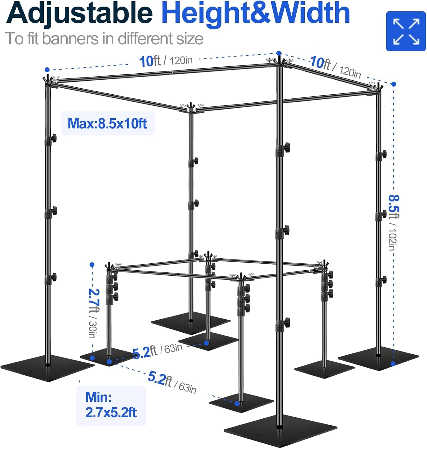 EMART Supporto per sfondo quadrato, 2,6x3 m Supporto per sfondo fotografico regolabile con base in acciaio, sistema di sfondo fotografico resistente per fotografia, feste, feste di compleanno