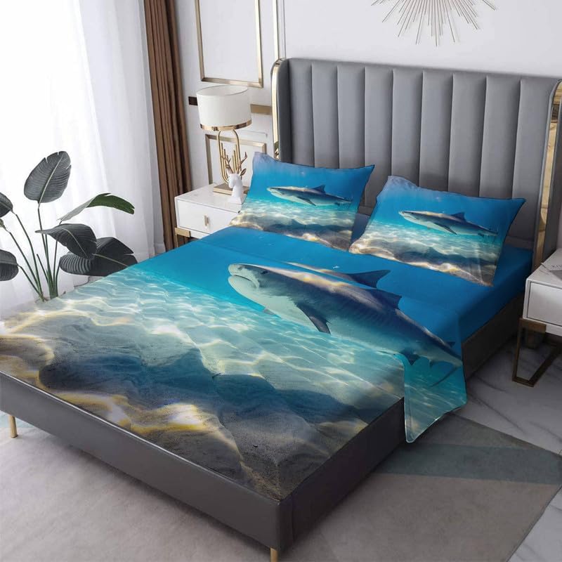 Great White Shark - Sábanas tamaño King Sábanas de cama de animales marinos, microfibra suave, bolsillo profundo, sábanas y fundas de almohada sin